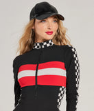 Close-up of long sleeve racer bodysuit showing zipper and fabric texture with red and white racing stripes or black and white checkered accent.