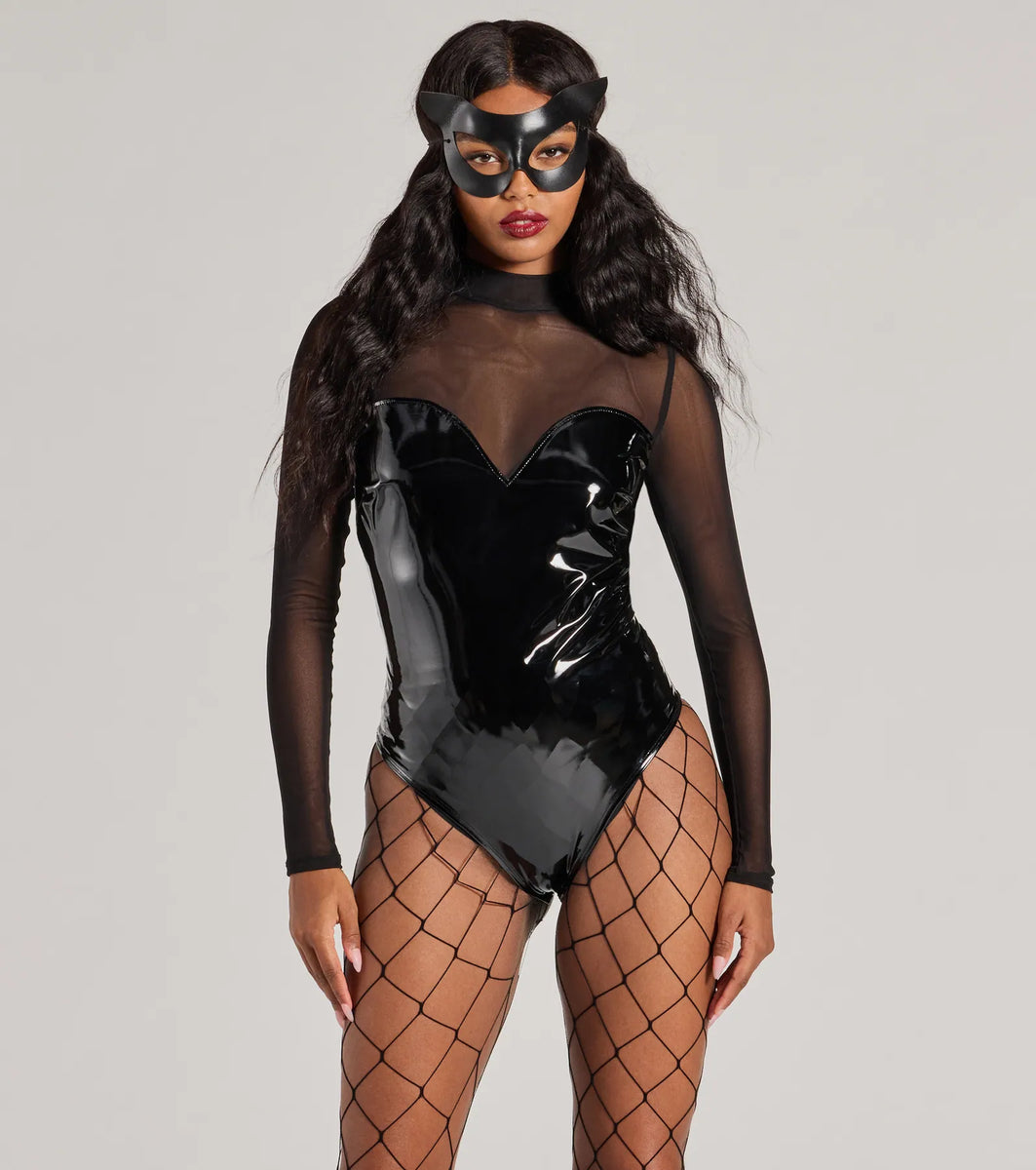 Daring Feline Mesh And Faux Leather Bodysuit