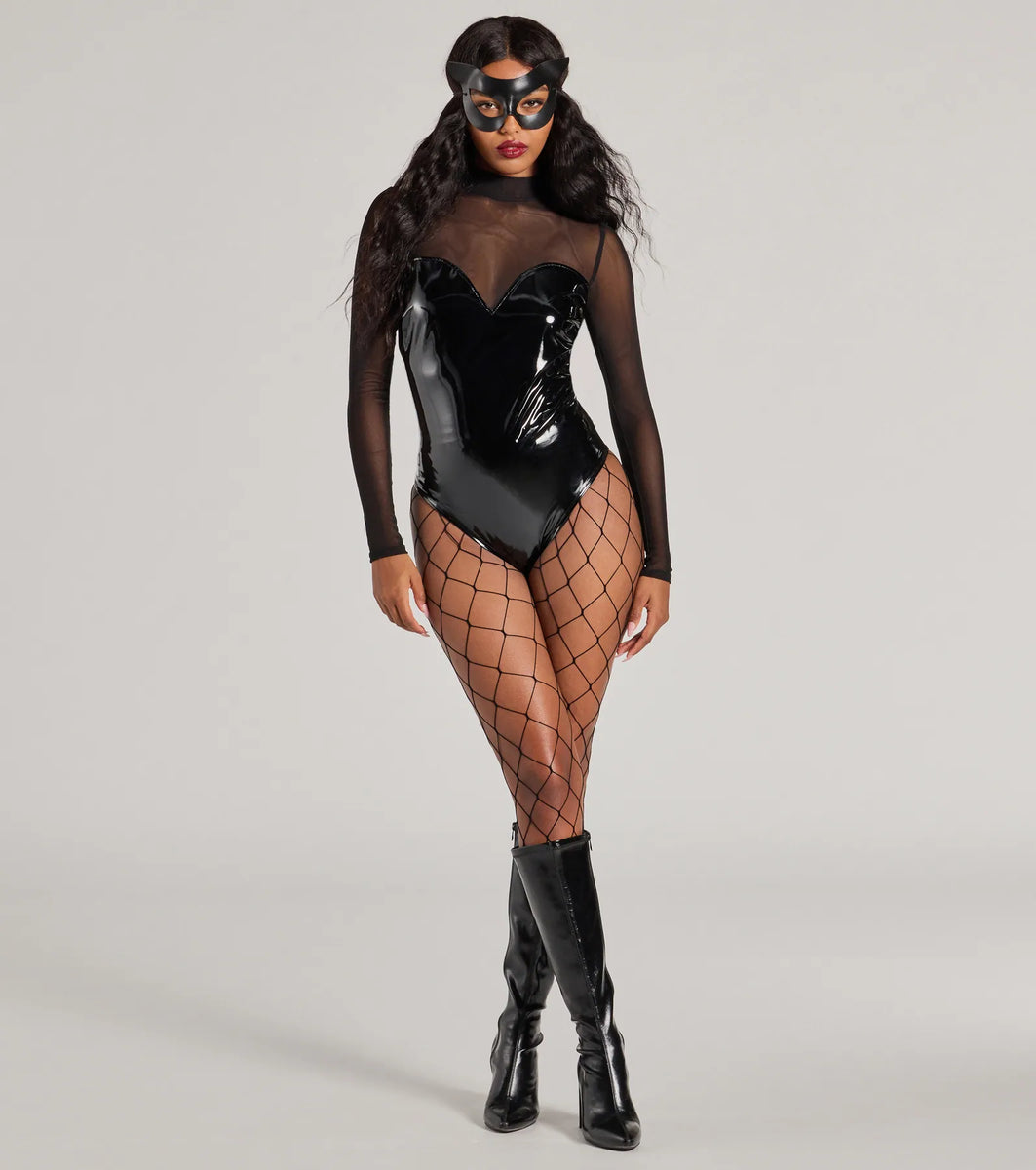 Daring Feline Mesh And Faux Leather Bodysuit