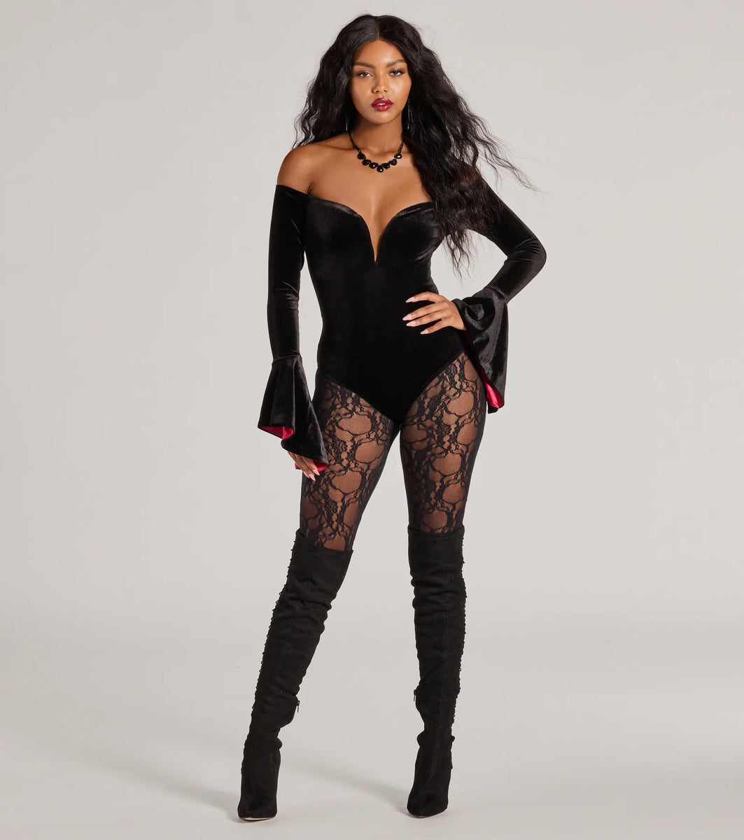 Vampy Vixen Long Sleeve Velvet Bodysuit