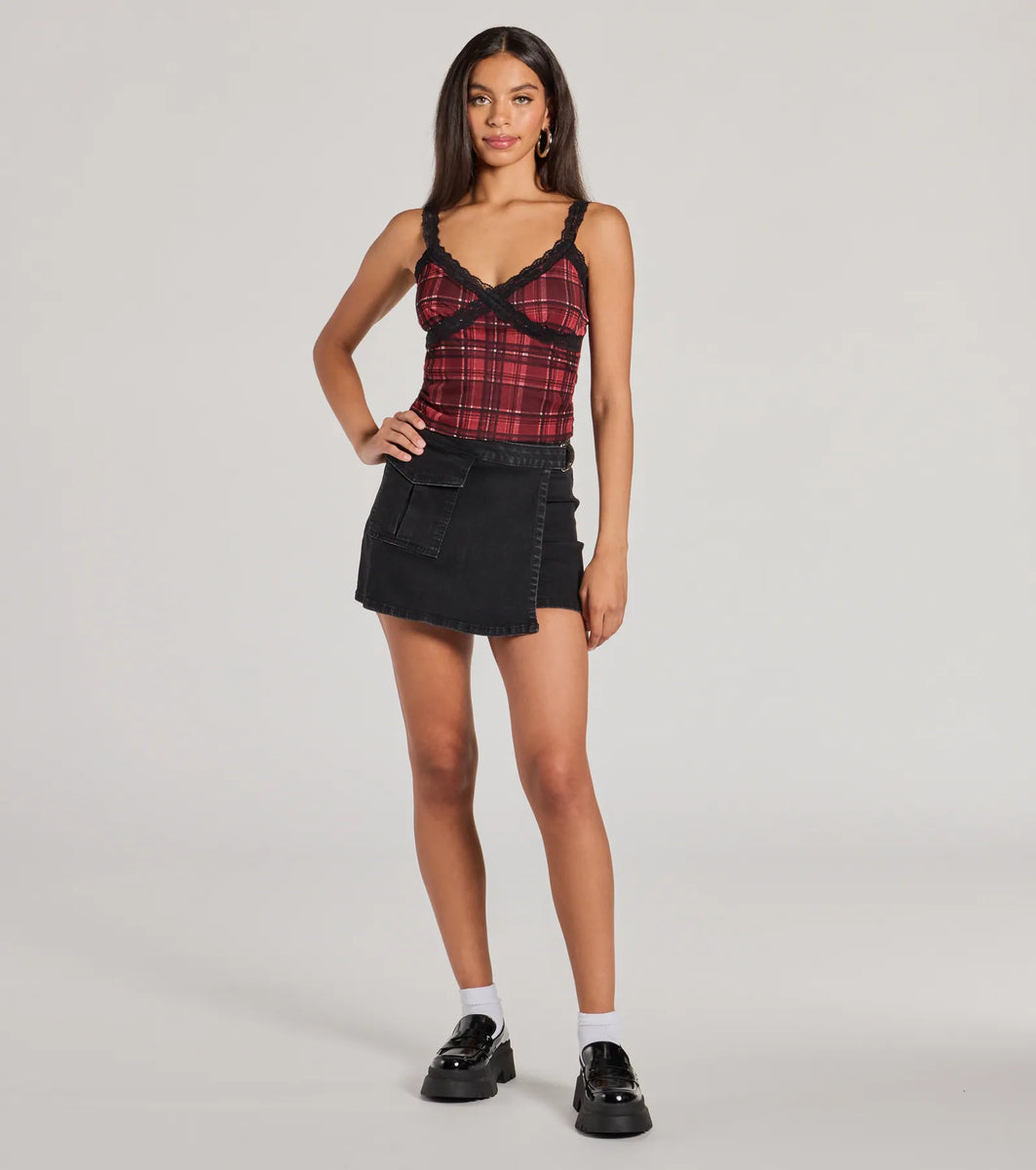 Check Me Out Lace Trim Plaid Crop Top