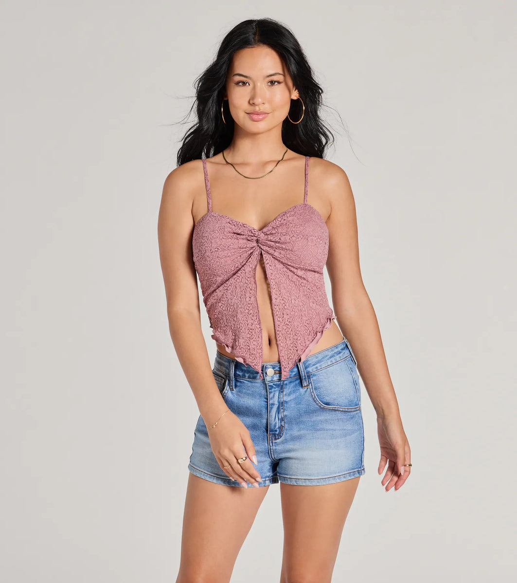 Sweetly Coy V-Neck Slit Lace Crop Top