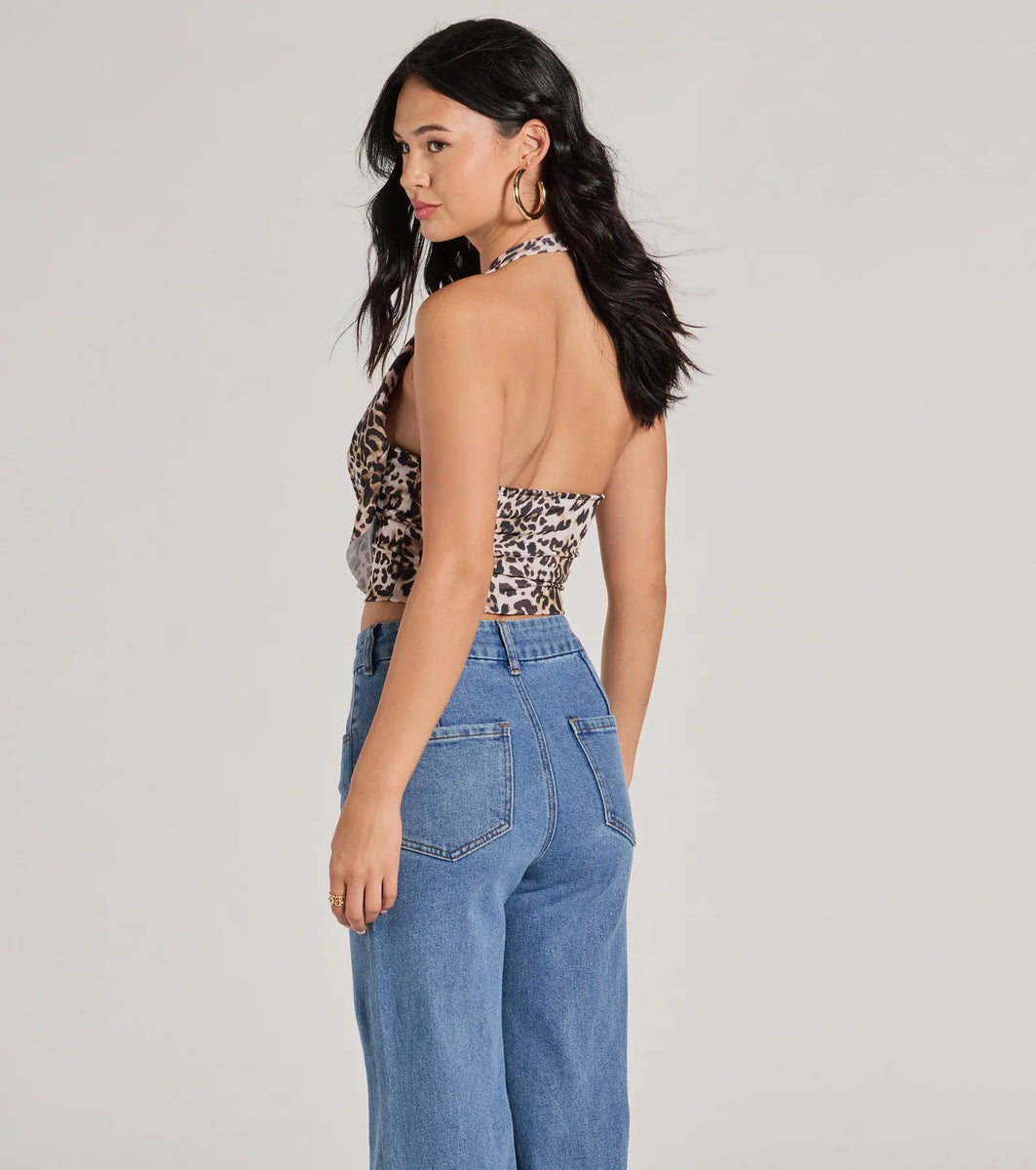 Prowlin Around Cowl Halter Leopard Crop Top