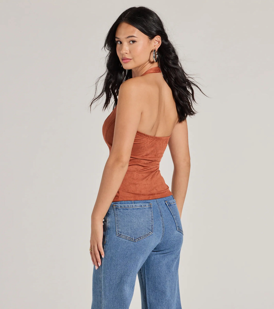 Country Girlie Halter Lace-Up Faux Suede Crop Top