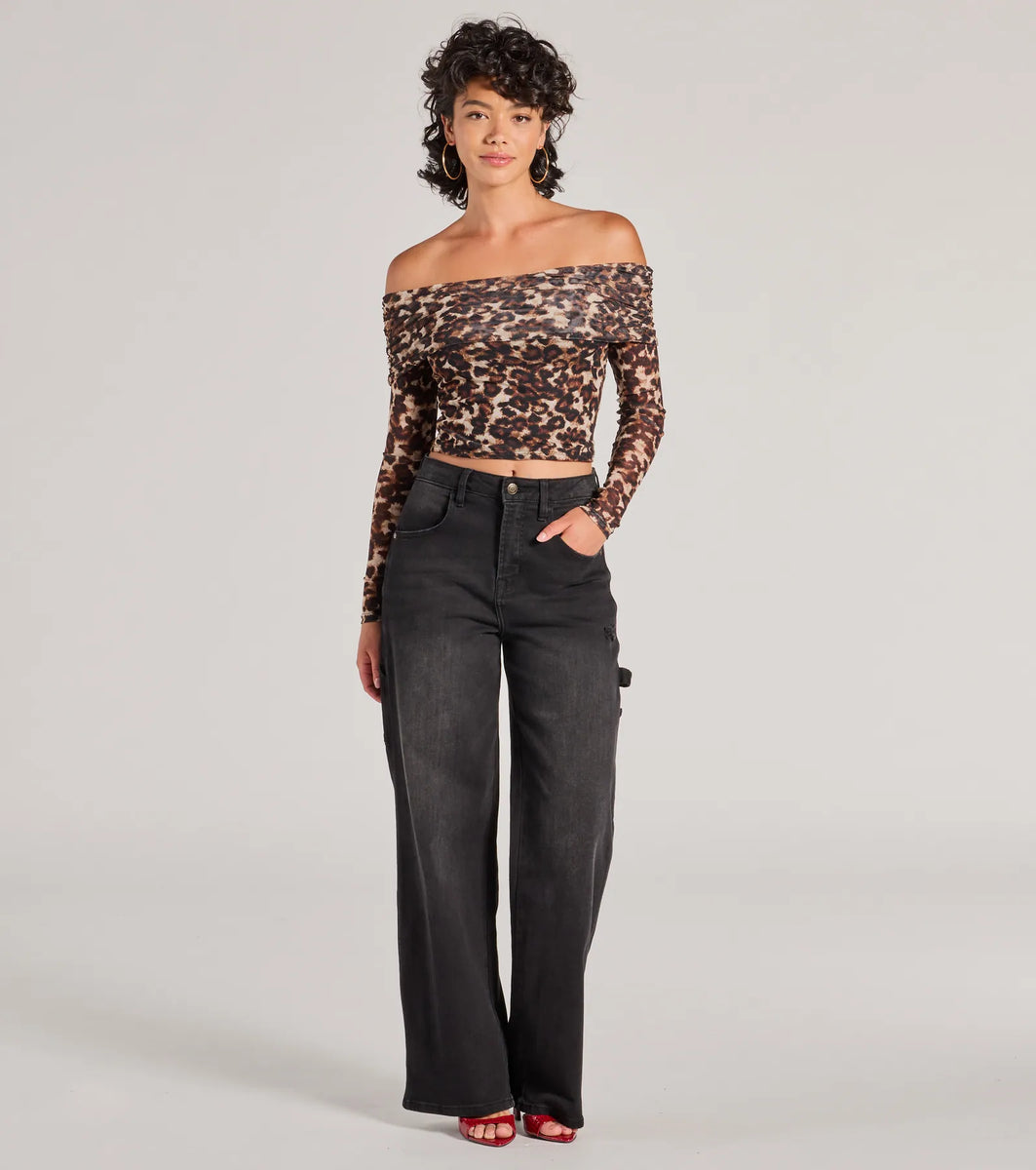 Trendy Chic Leopard Print Mesh Off-The-Shoulder Top