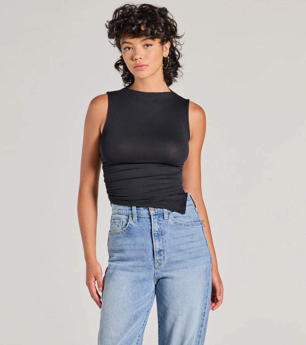 Stylish Basic Sleeveless Mock Neck Crop Top