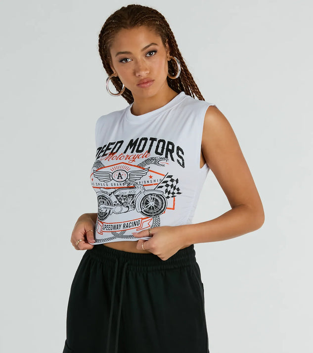 The crop top style of the Speed Motors Racing Muscle Graphic Tee adds a sultry detail to your going-out outfits or everyday looks.