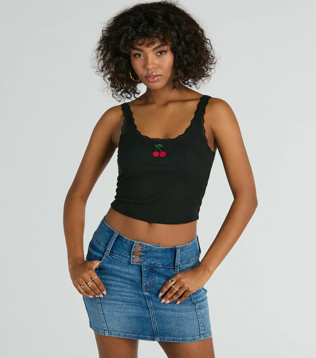 The crop top style of the Cherry Picking Lace Trim Tank Top adds a sultry detail to your going-out outfits or everyday looks.