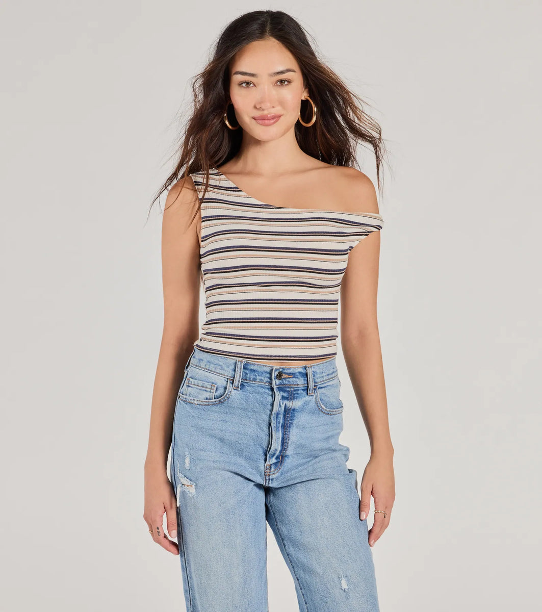 Trendy Twist One-Shoulder Striped Crop Top