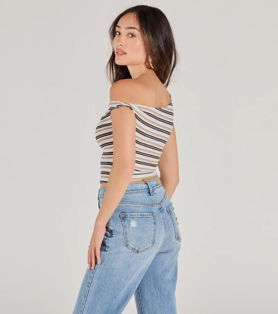 Trendy Twist One-Shoulder Striped Crop Top