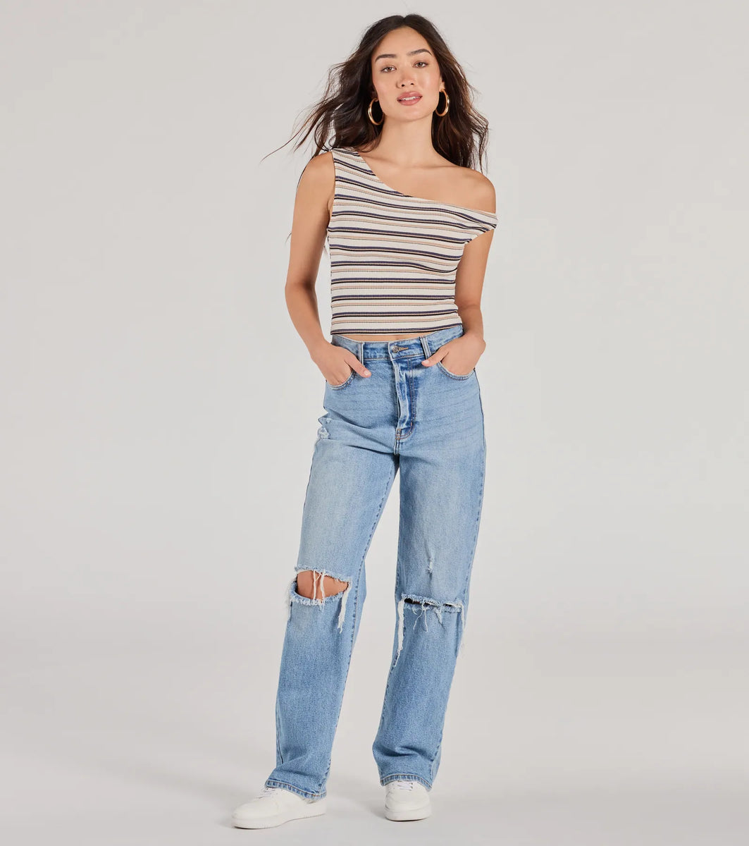 Trendy Twist One-Shoulder Striped Crop Top