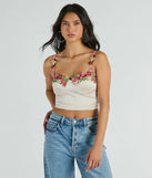 The crop top style of the Flourish In Style Floral Applique Satin Crop Top adds a sultry detail to your going-out outfits or everyday looks.