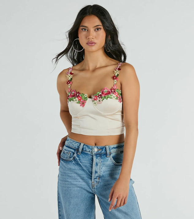 The crop top style of the Flourish In Style Floral Applique Satin Crop Top adds a sultry detail to your going-out outfits or everyday looks.