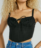 The waist-defining bodice style of the Play Your Way Tie Front Linen Corset Top is perfect for making a statement with your outfit and provides the boning, molded cups, or lace-up details that capture the corset trend.