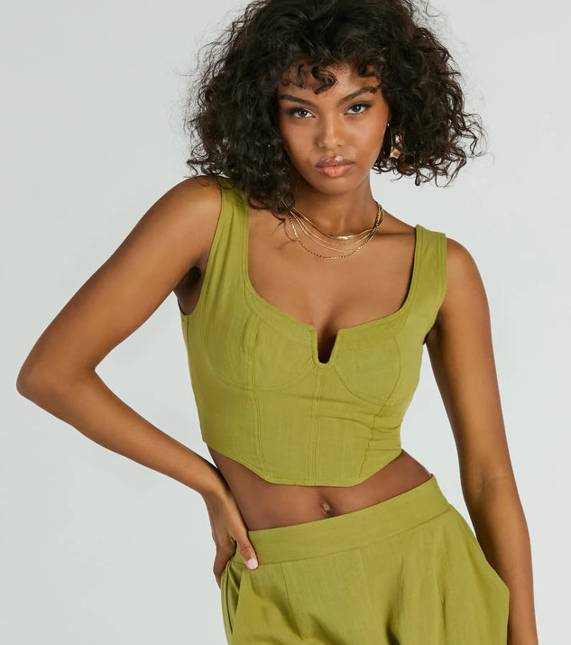 The crop top style of the Keep It Light Sleeveless Linen Corset Top adds a sultry detail to your going-out outfits or everyday looks.