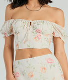 The Prettiest Vibe Puff Sleeve Floral Woven Crop Top is a short-sleeve top that is cool enough for warm weather and provides a stylish layer to create a trendsetting look.