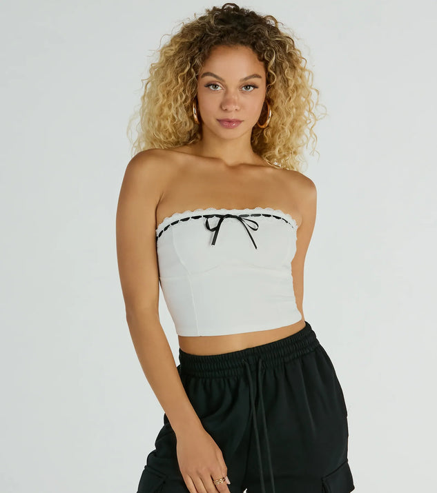 Falling For You Strapless Lace Ribbon Crop Top