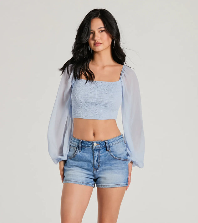 Whether fitted or flowy, the Too Sweet Long Sleeve Smocked Chiffon Crop Top is a long-sleeve top that offers endless styling options as a layer or a standalone piece to elevate your outfit for the season.