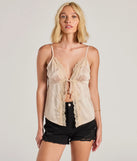 Sense Of Style Lace Trim Tie Front Cami Crop Top