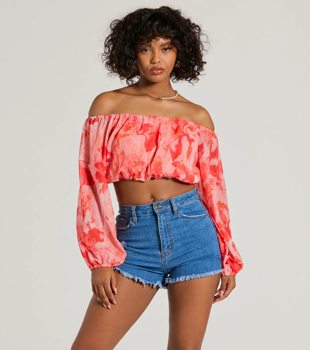 Whether fitted or flowy, the Sunset Beauty Off-The-Shoulder Marble Chiffon Crop Top is a long-sleeve top that offers endless styling options as a layer or a standalone piece to elevate your outfit for the season.