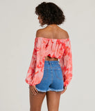 Whether fitted or flowy, the Sunset Beauty Off-The-Shoulder Marble Chiffon Crop Top is a long-sleeve top that offers endless styling options as a layer or a standalone piece to elevate your outfit for the season.