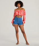 Whether fitted or flowy, the Sunset Beauty Off-The-Shoulder Marble Chiffon Crop Top is a long-sleeve top that offers endless styling options as a layer or a standalone piece to elevate your outfit for the season.