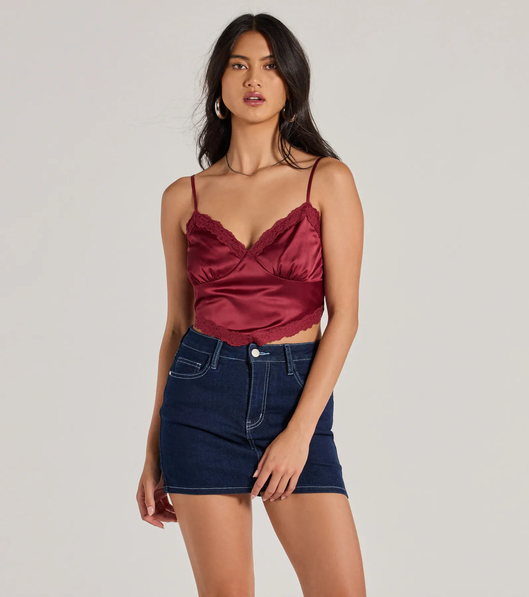 Romance The Air Lace Trim Satin Cami Crop Top