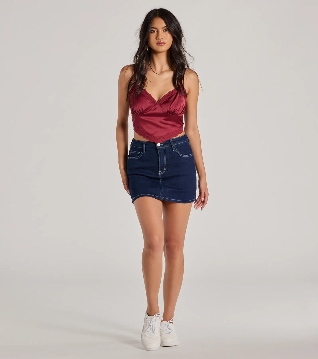 Romance The Air Lace Trim Satin Cami Crop Top