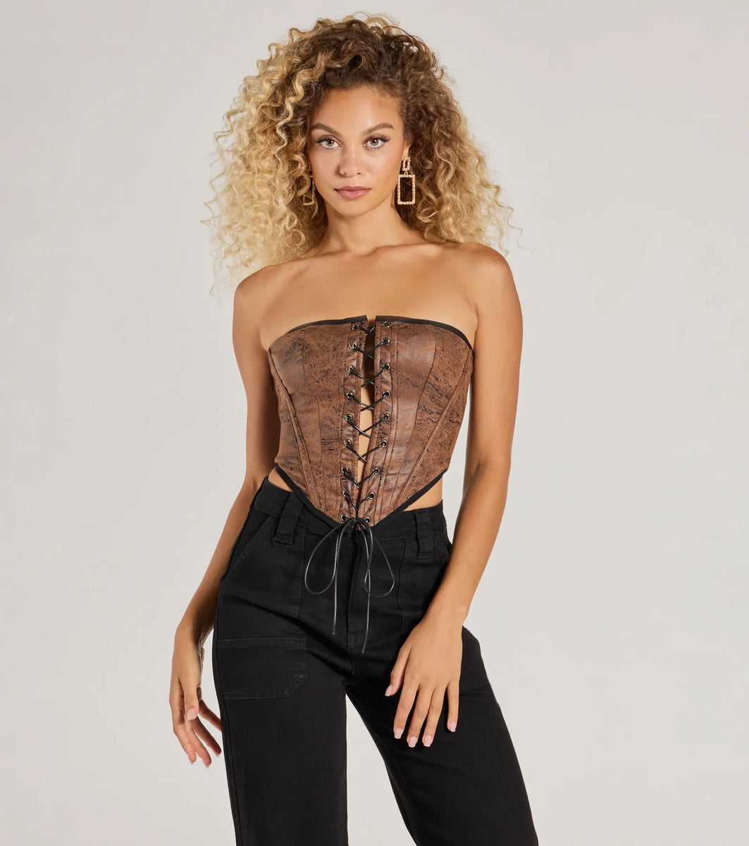 Smooth And Edgy Lace-Up Faux Suede Corset Top