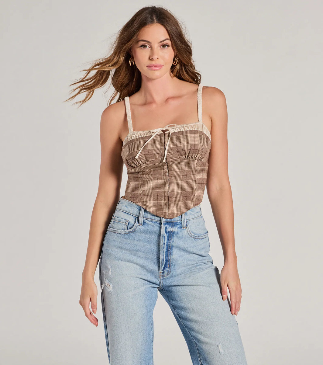 Pristine Classic Satin Trim Plaid Corset Crop Top