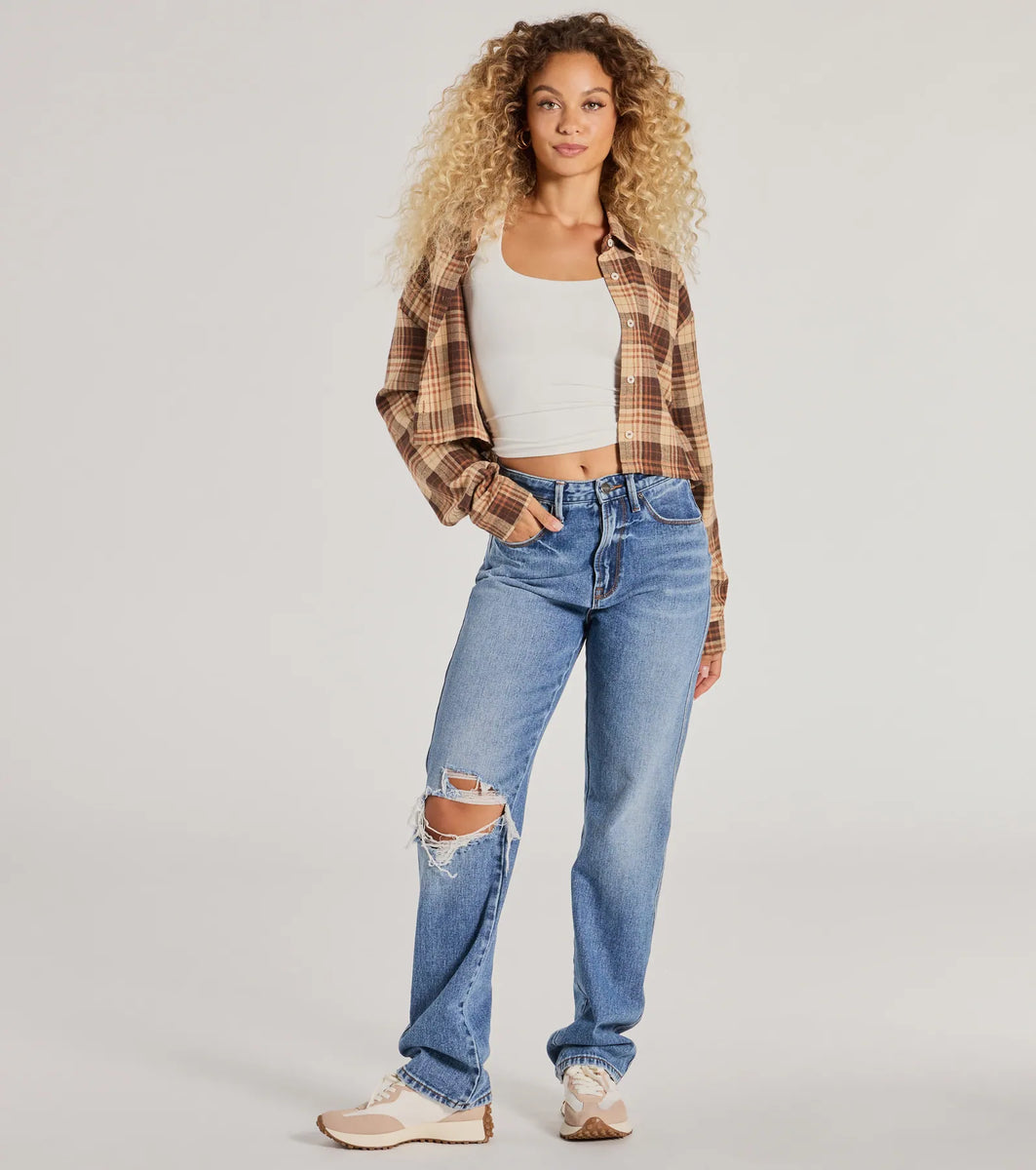 Casual Act Button-Up Plaid Crop Top