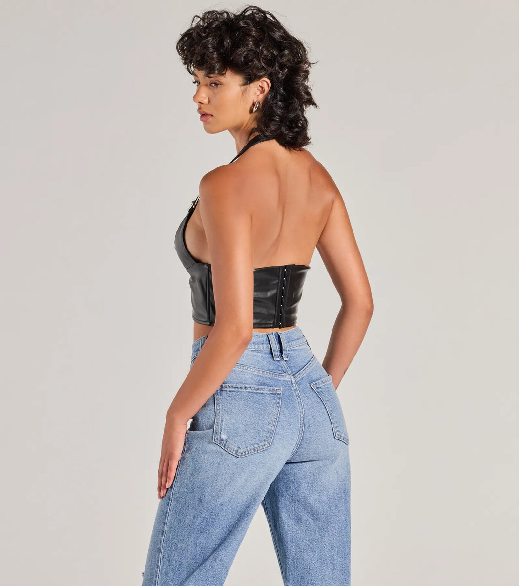 Bold Buckle Halter Strap Faux Leather Crop Top