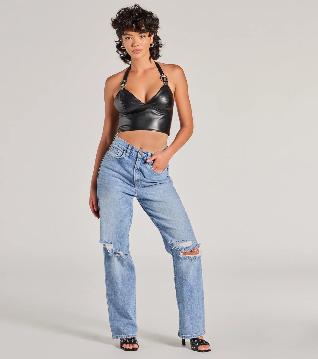 Bold Buckle Halter Strap Faux Leather Crop Top