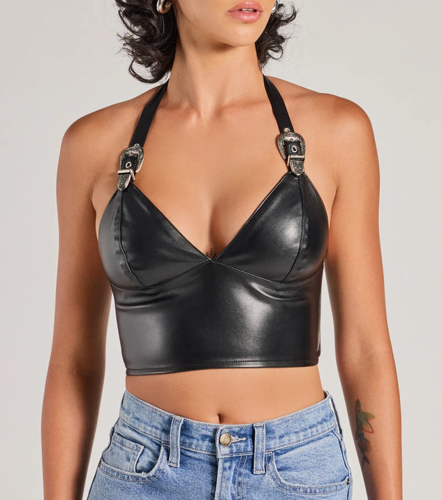 Bold Buckle Halter Strap Faux Leather Crop Top Windsor