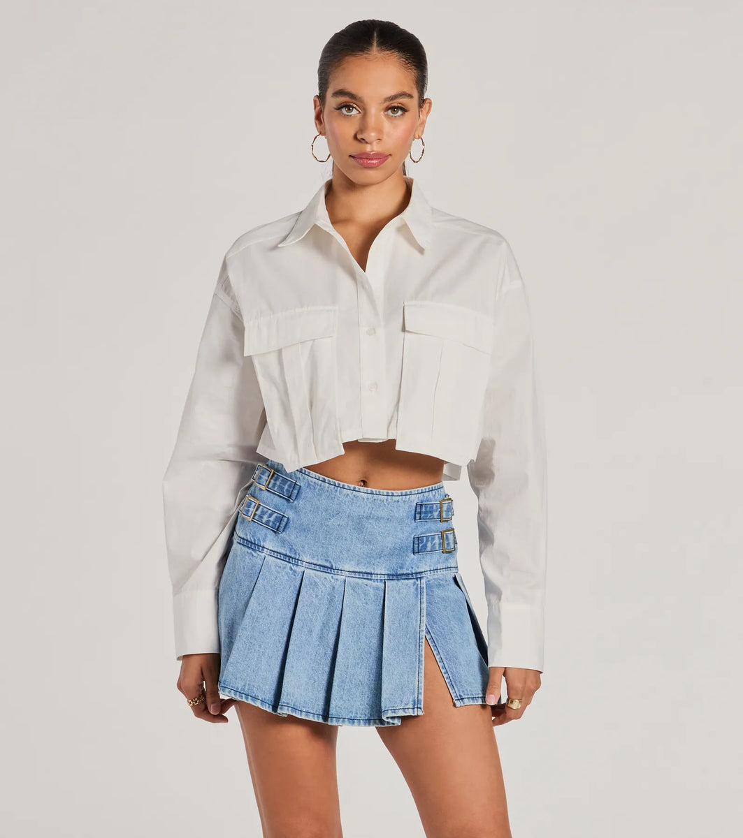 Officially Cute Long Sleeve Button Down Crop Top