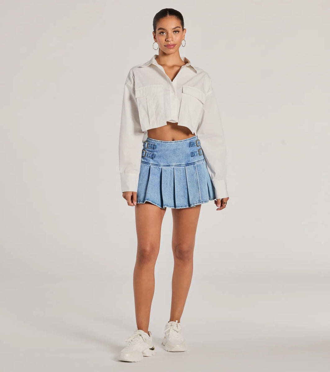 Officially Cute Long Sleeve Button Down Crop Top