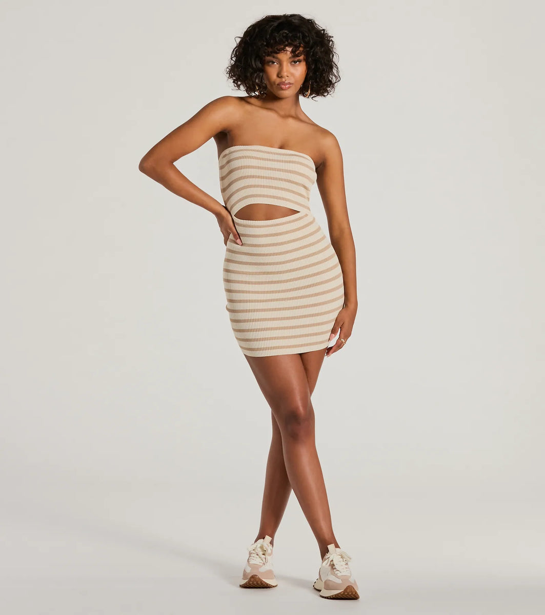 A Daze Strapless Cutout Striped Knit Mini Dress