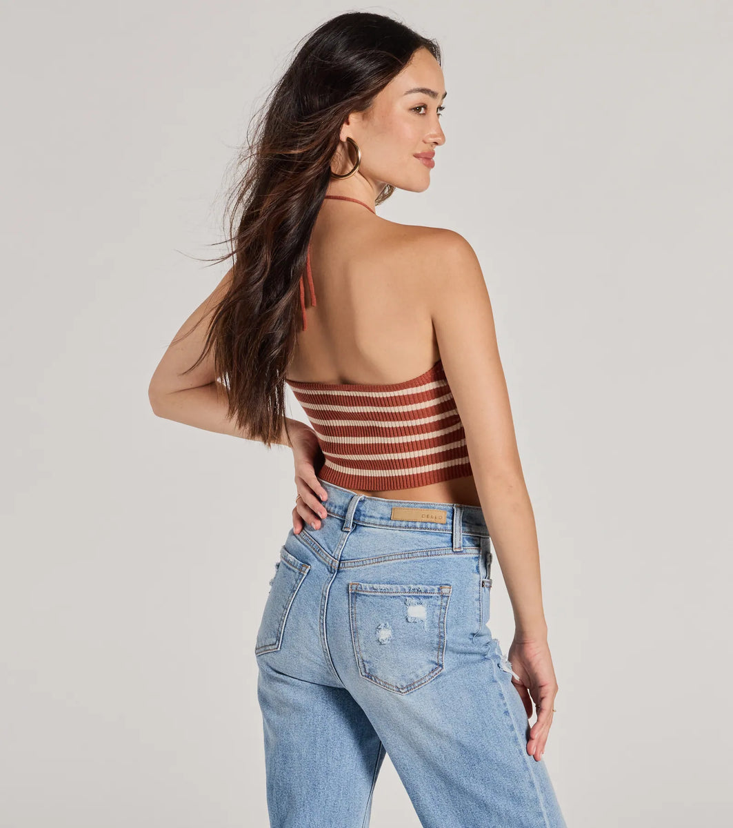 Trendy Stripes Halter Rib Knit Crop Top