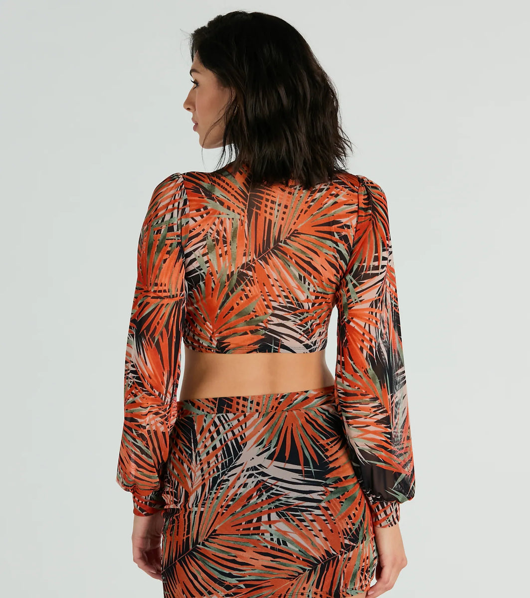 Destined For Sun Tropical Mesh Tie Front Top