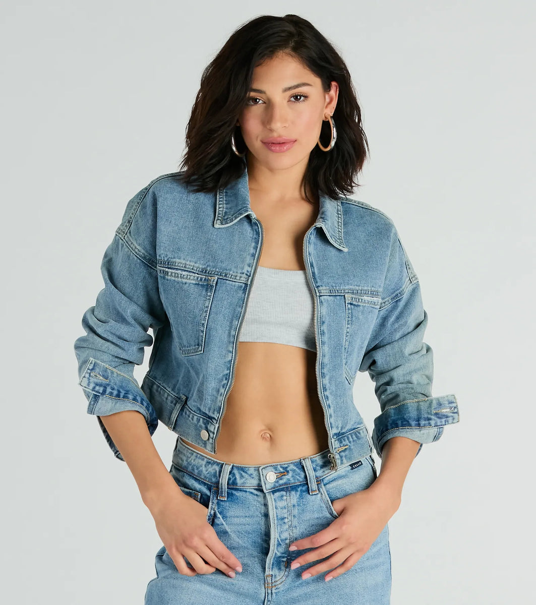 Good Vibes Zip-Up Crop Trucker Denim Jacket