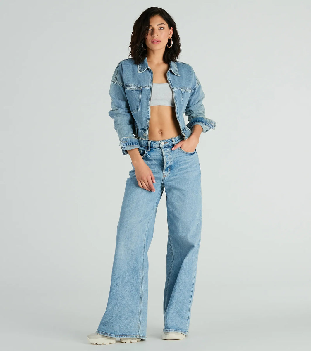 Good Vibes Zip-Up Crop Trucker Denim Jacket