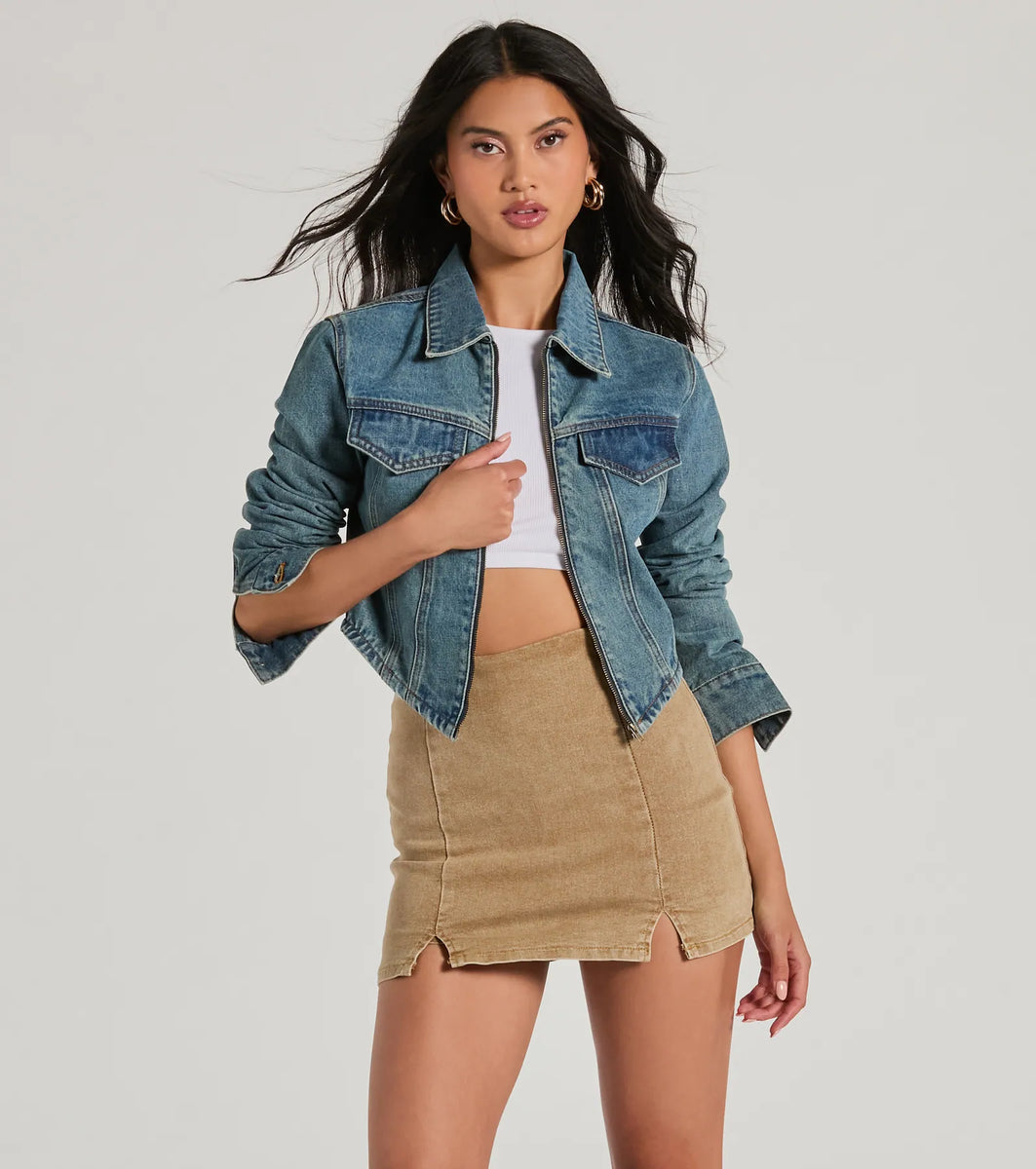 Cool Trendsetter Zip Up Collared Crop Denim Jacket & Windsor