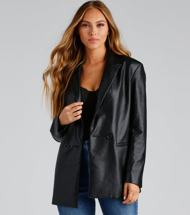 Trendy Oversized Faux Leather Blazer is a trendy pick to create 2024 concert outfits, festival dresses, outfits for raves, or to complete your best party outfits or clubwear!