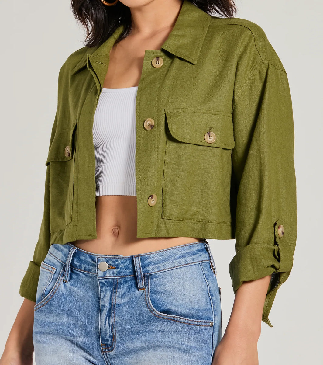 Effortless Personality Button Up Crop Linen Shacket