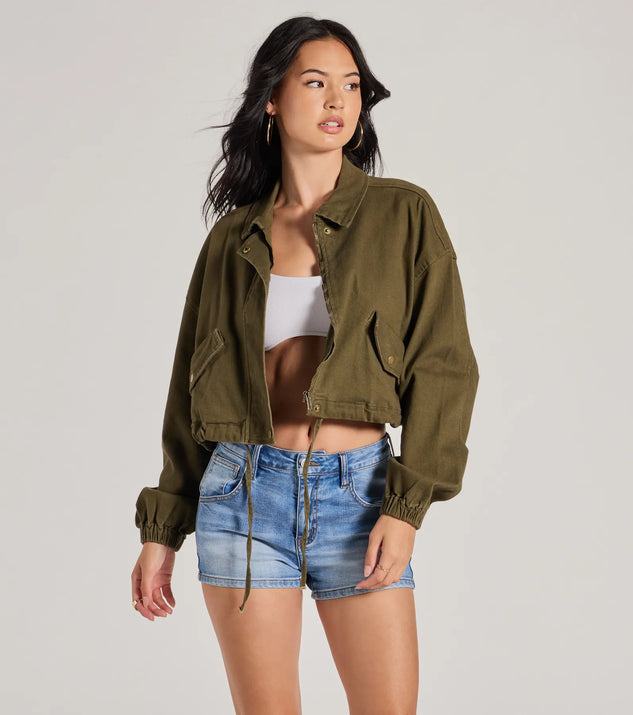 NWT DH New shops York olive green Ruffle-Sleeve Zip cropped bomber Jacket