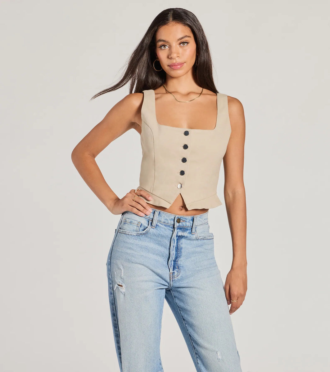 Effortless Style Lace-Up Crop Button Vest