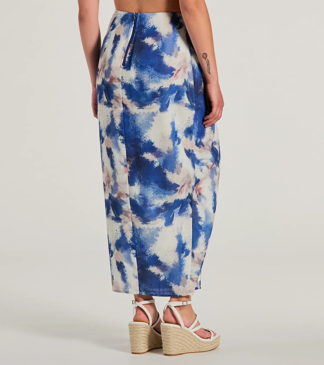 Chic Muse Watercolor Wrap-Slit Midi Skirt