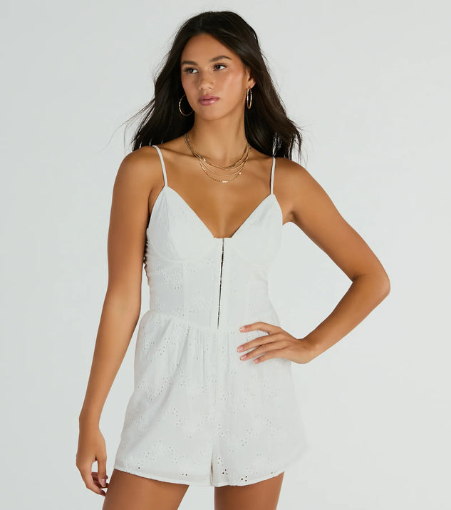 The Sweet Aura Sleeveless Sweetheart Eyelet Romper is an elevated one-piece that blends sleek sophistication with playful charm, perfect for nailing casual or formal outfits.