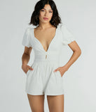 The One Take Puff Sleeve V-Neck Linen Romper is an elevated one-piece that blends sleek sophistication with playful charm, perfect for nailing casual or formal outfits.