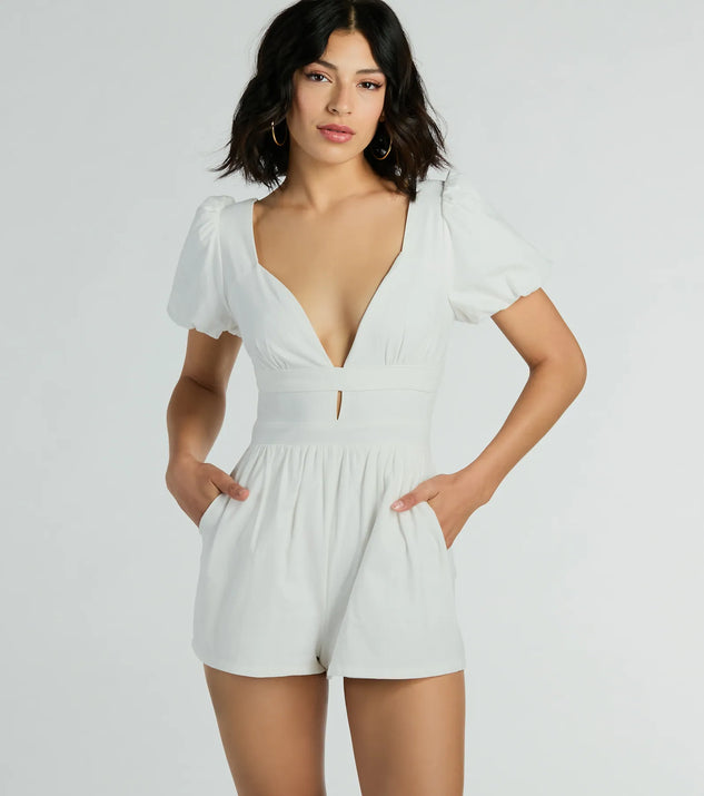 The One Take Puff Sleeve V-Neck Linen Romper is an elevated one-piece that blends sleek sophistication with playful charm, perfect for nailing casual or formal outfits.